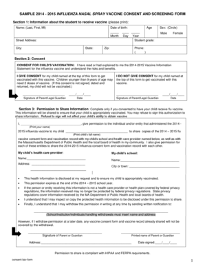 2014-2015 Influenza Nasal Spray Vaccine Consent Form
