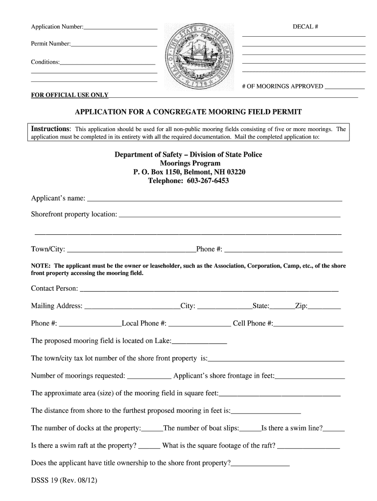 Fillable Online nh APPLICATION FOR A CONGREGATE MOORING FIELD PERMIT