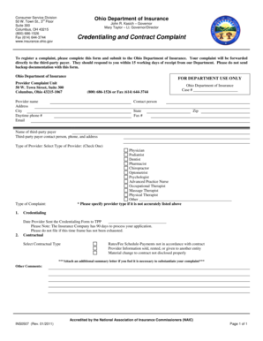 Ohio Department of Insurance Provider Complaint Form