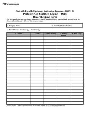 California Portable Non-Certified Engine Daily Recordkeeping Form