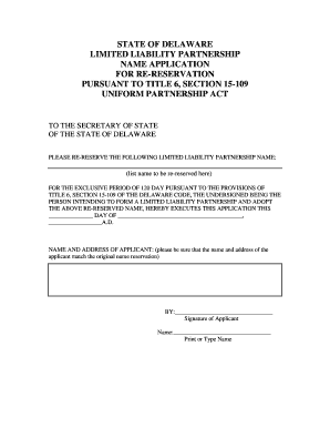 Delaware Limited Liability Partnership Name Re-Reservation Application