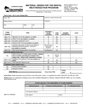 Wisconsin Material Order Form