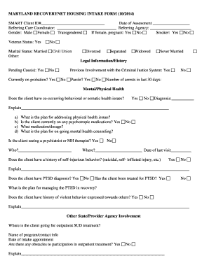 Maryland RecoveryNet Housing Intake Form
