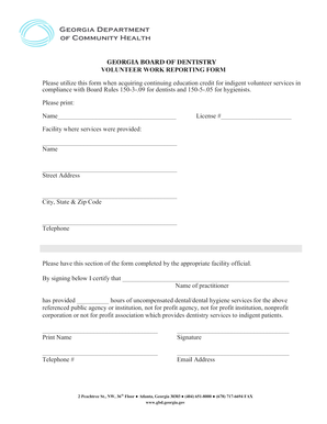 Georgia Board of Dentistry Volunteer Work Reporting Form