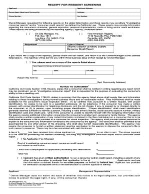 Receipt for Resident Screening