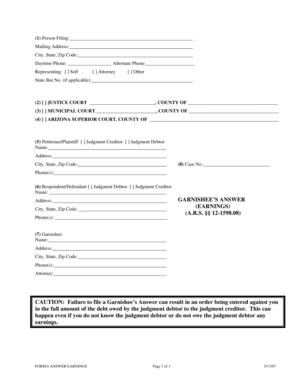 Arizona Garnishee Answer Earnings Form