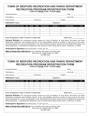Bedford Recreation Program Registration Form