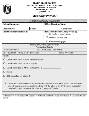 Idaho State Police ABIS Inquiry Form