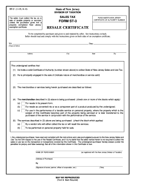 New Jersey Sales Tax Purchaser’s Resale Certificate