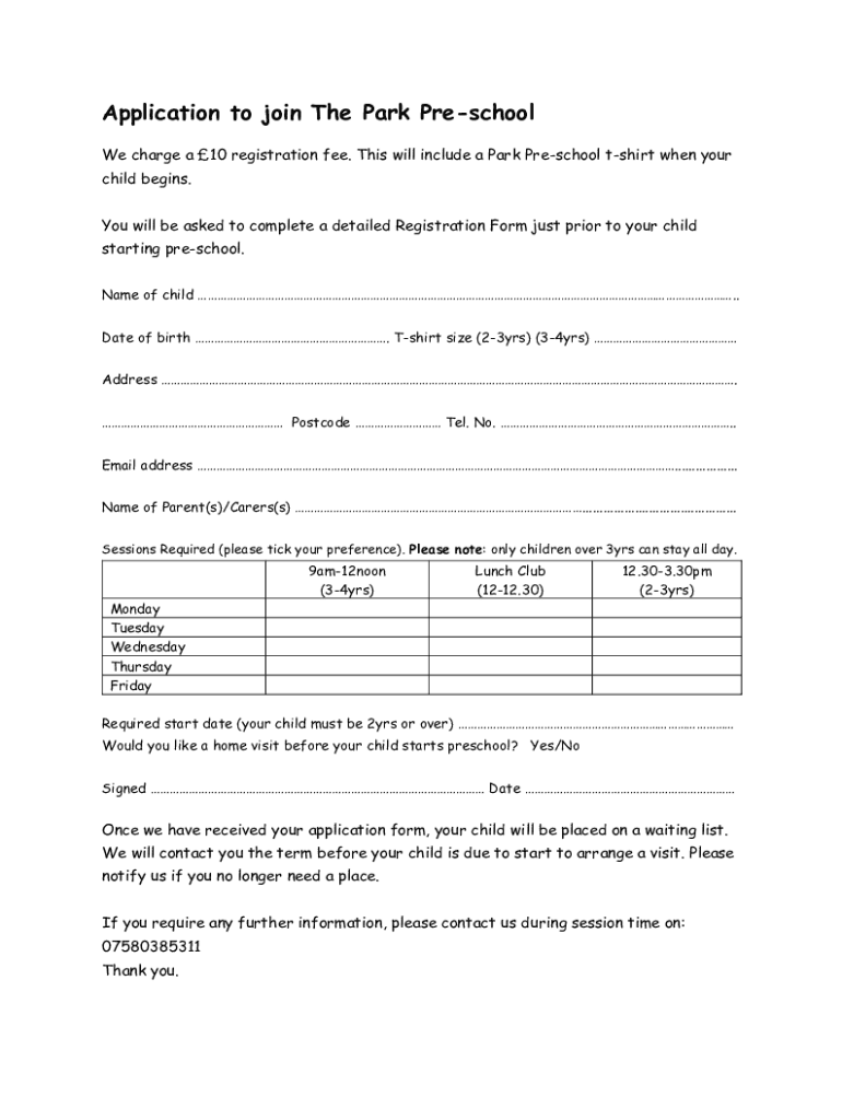 Fillable Online Barrington Park District's Preschool Registration