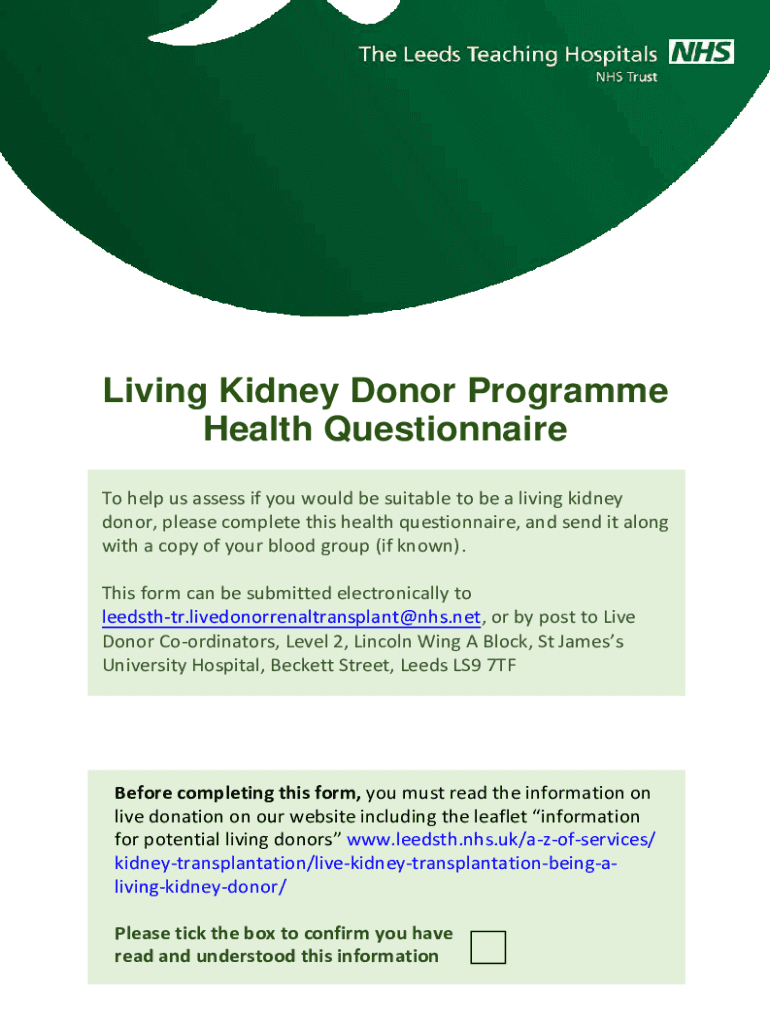 Fillable Online Living Kidney Donor Programme Health Questionnaire Fax