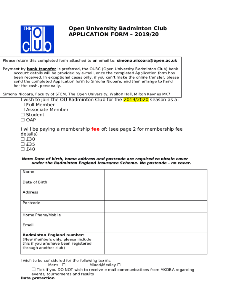 Open University Badminton Club APPLICATION Doc Template | pdfFiller