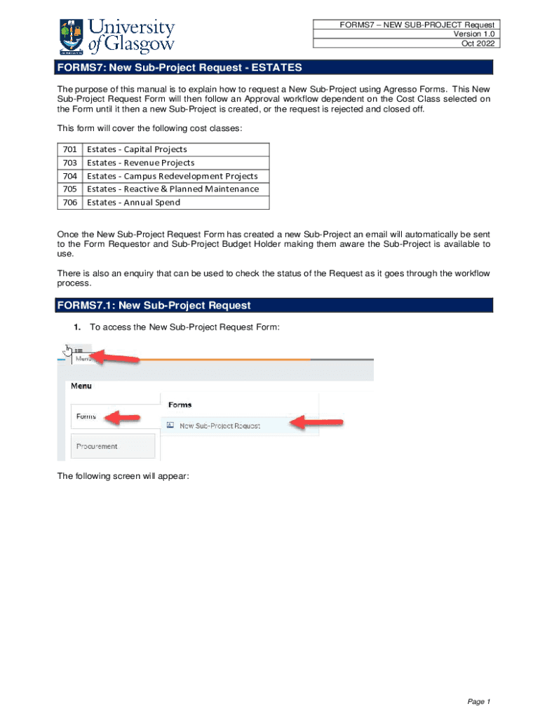 Fillable Online FORMS7: New Sub-Project Request - ESTATES Fax Email ...