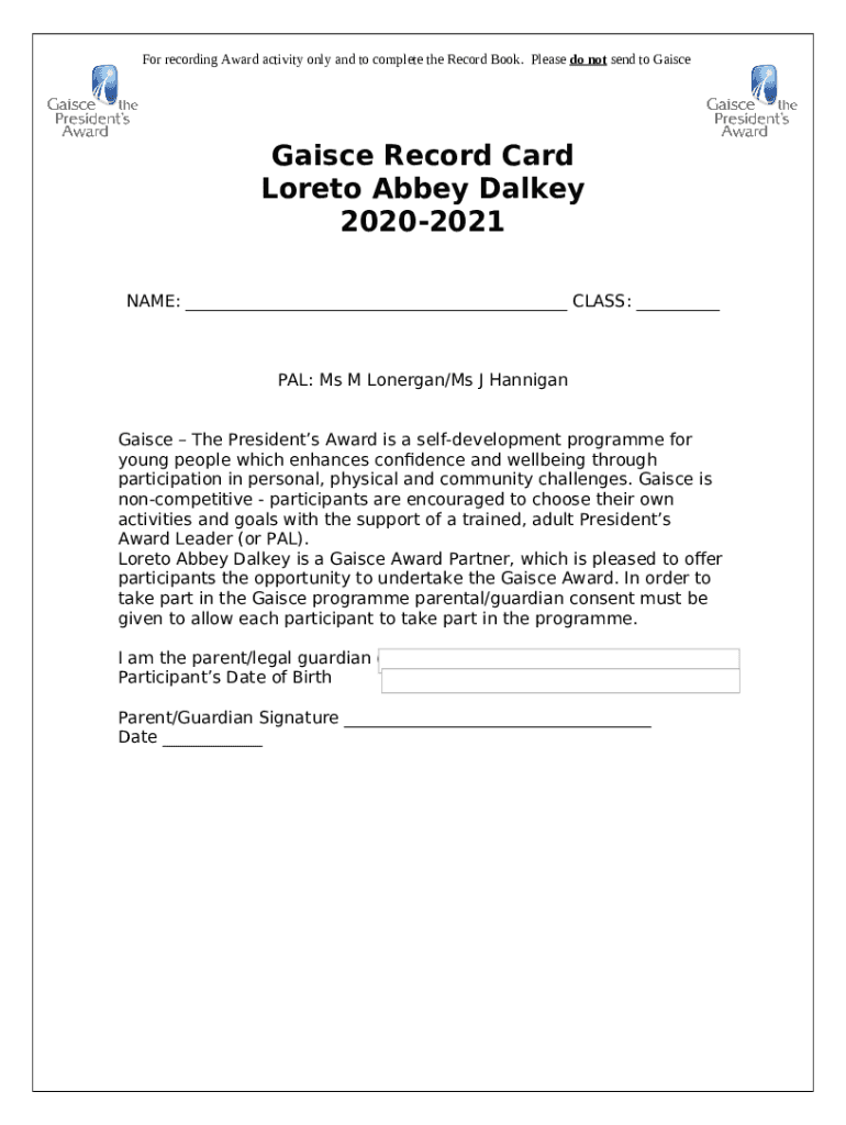 THE GAISCE RECORD CARD Doc Template pdfFiller
