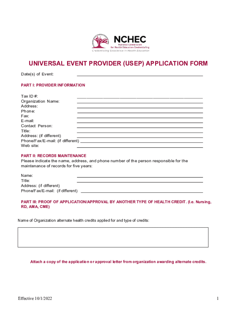 Fillable Online Universal Event Provider (USEP) Application Form Fax
