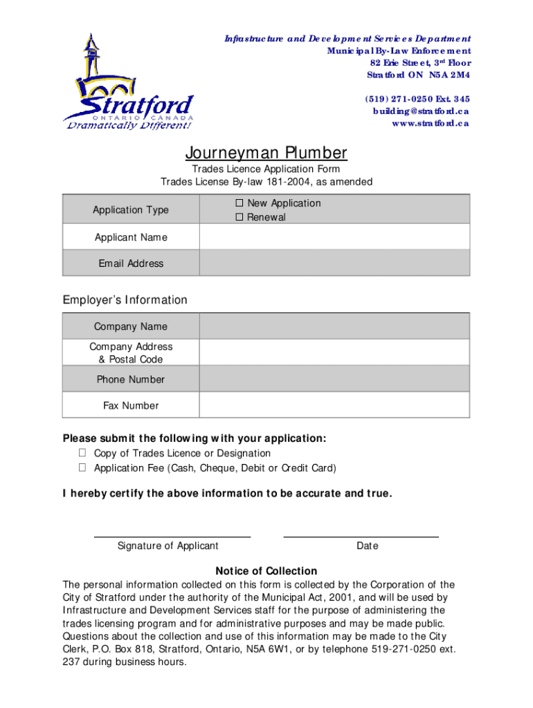 Fillable Online Journeyman Plumber Trades License Application Form Fax