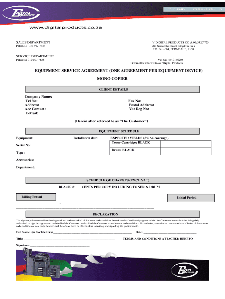 Fillable Online EQUIPMENT SERVICE AGREEMENT (ONE AGREEMENT Fax