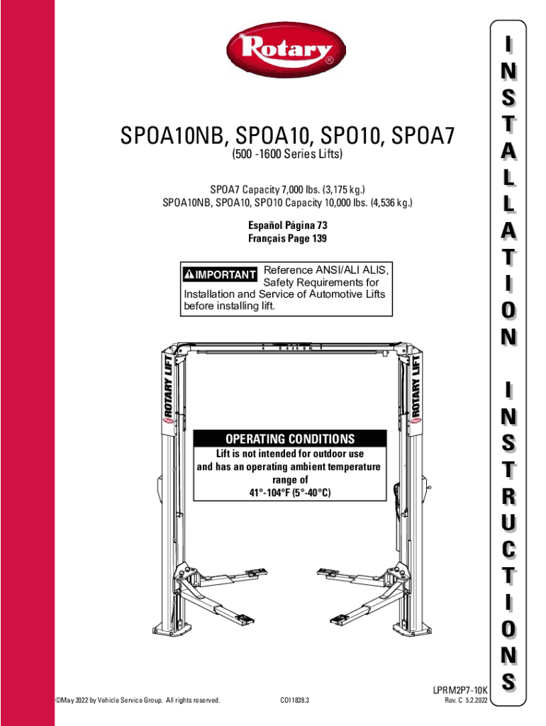 Fillable Online 10000 LB Rotary Lift Installation Manual Fax Email