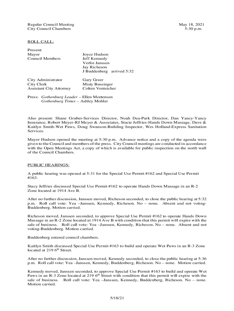 Fillable Online ci gothenburg ne Present Mayor Joyce Hudson Council M