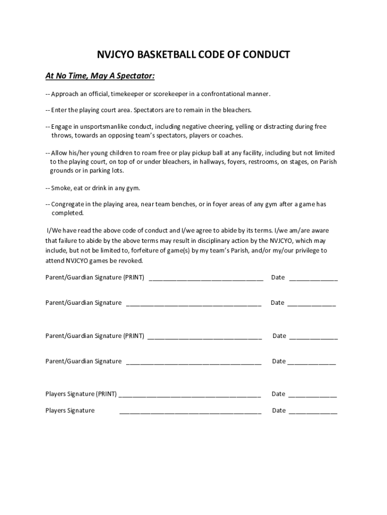 Fillable Online Get the free NVJCYO BASKETBALL CODE OF CONDUCT Fax
