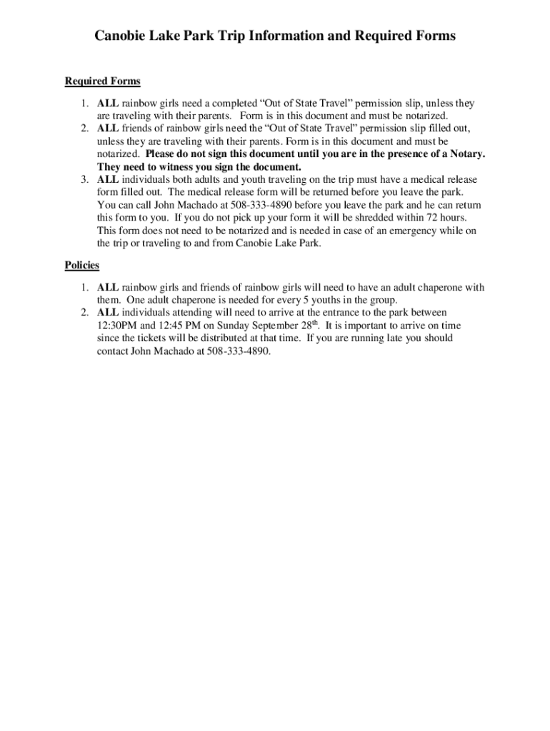 Fillable Online Canobie Lake Park Trip Information and required forms