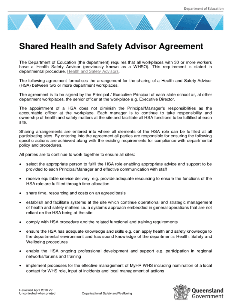 Fillable Online education qld gov Shared Health and Safety Advisor