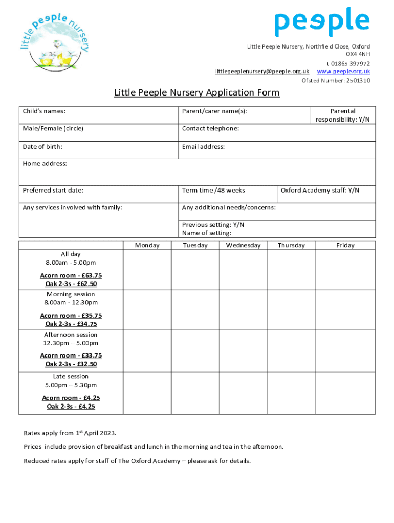 Fillable Online Little Peeple Nursery Application Form Fax Email Print