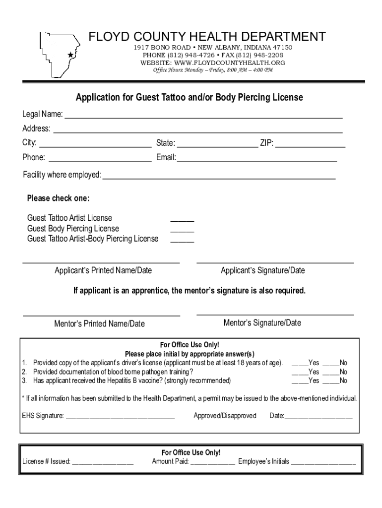Fillable Online Application for Guest Tattoo and/or Body Piercing