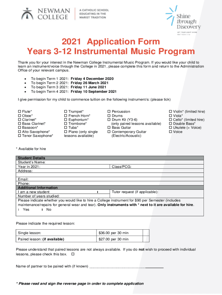 Fillable Online 2021 Application Form Years 3-12 Instrumental Music ...