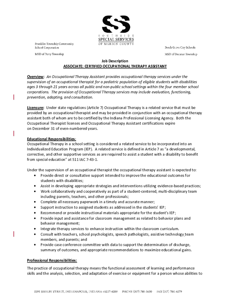 Fillable Online Pediatric Occupational Therapy Assistant Job Duties