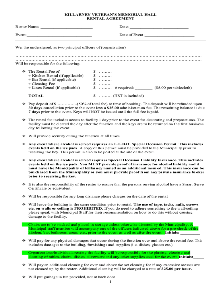 Fillable Online KILLARNEY VETERANS MEMORIAL HALL RENTAL AGREEMENT