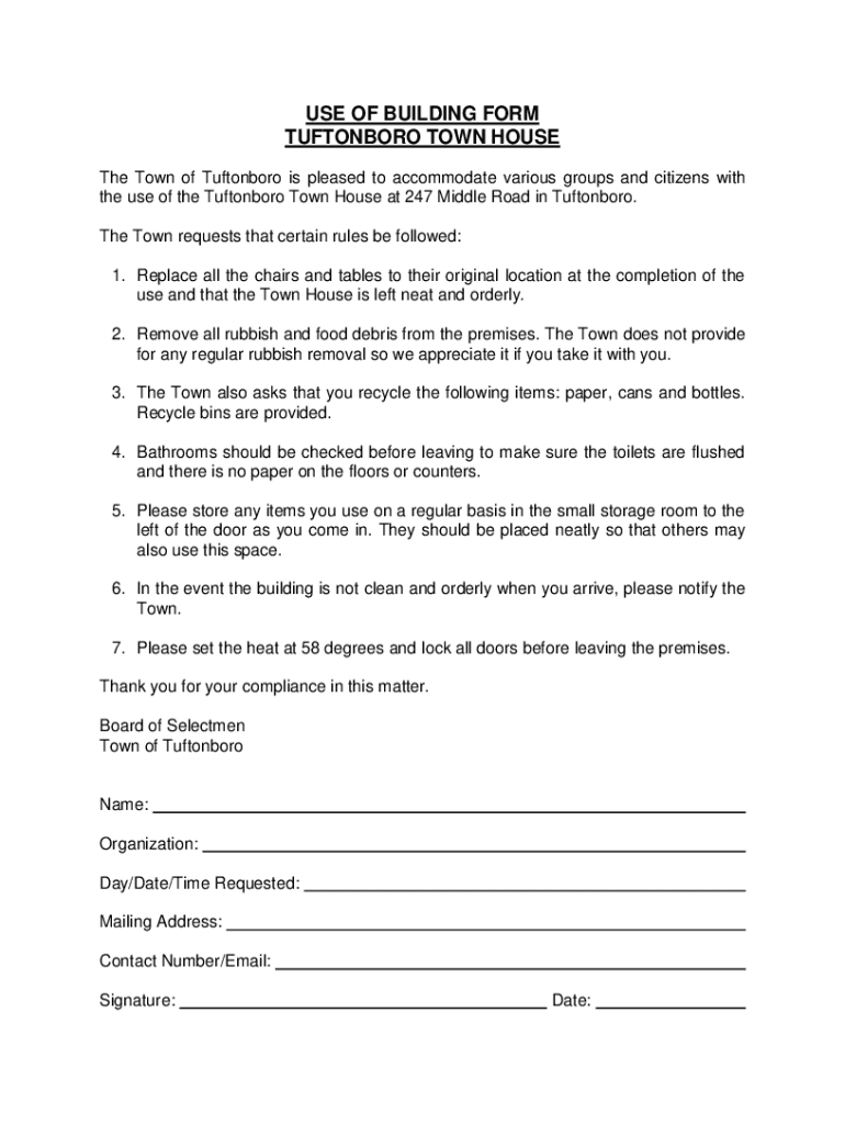 Fillable Online use of building form tuftonboro town house Fax Email