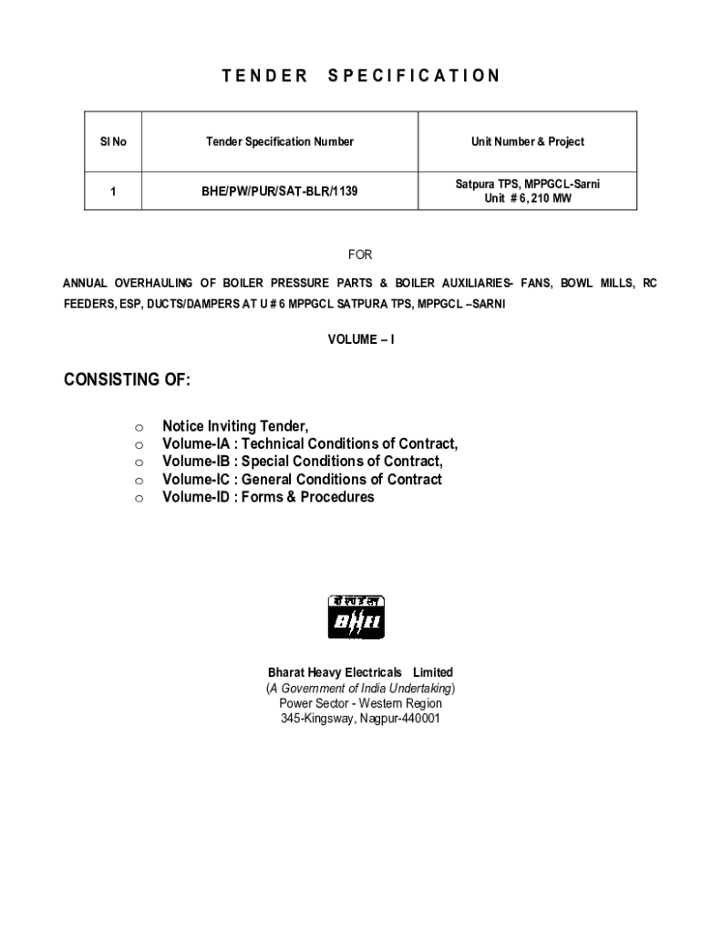 Fillable Online TENDER SPECIFICATIONS Definition 284 Samples Fax Email