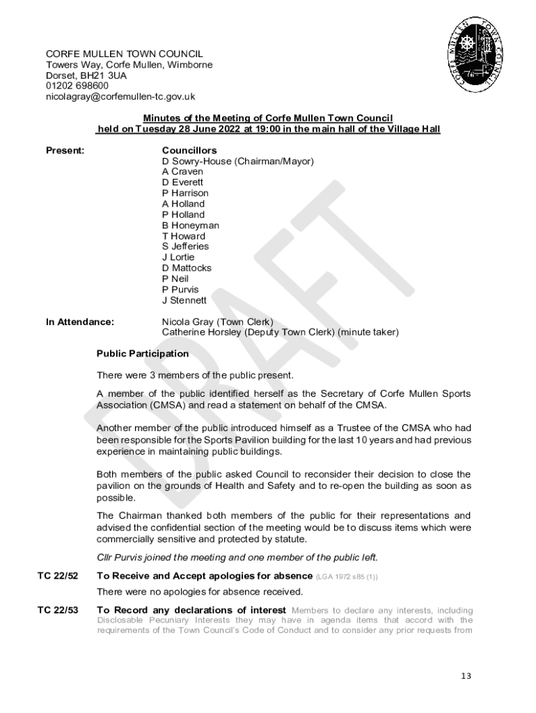 Fillable Online 13 CORFE MULLEN TOWN COUNCIL Towers Way, Fax Email