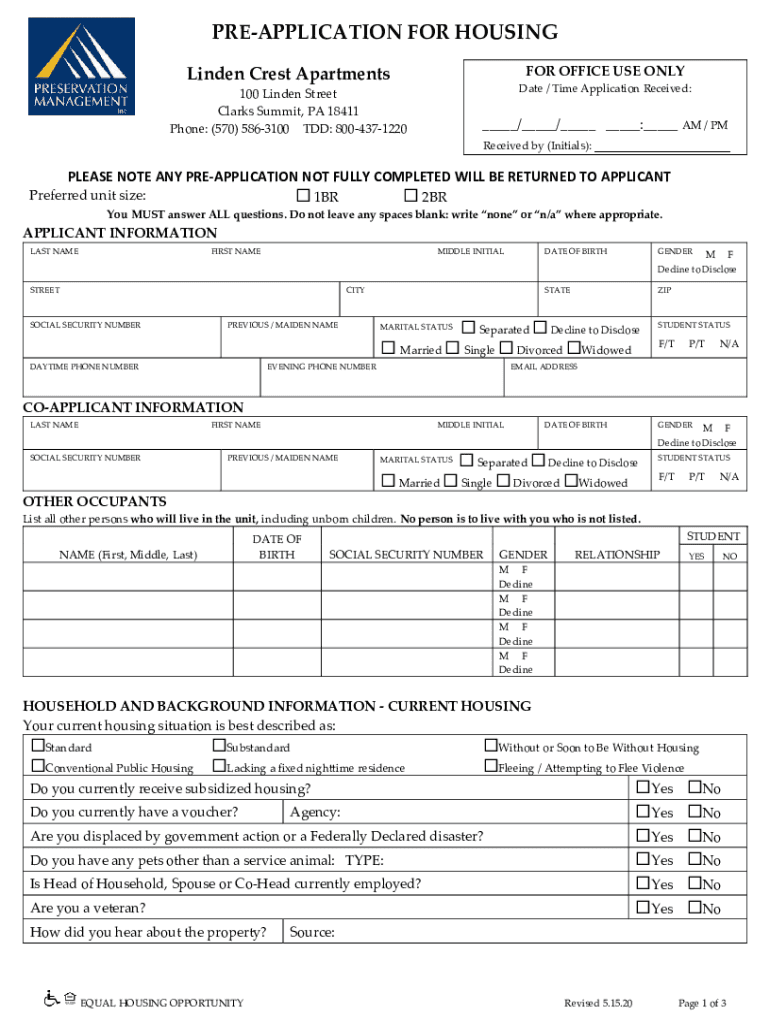 Fillable Online Linden Crest Apartments Clarks Summit Fax Email Print