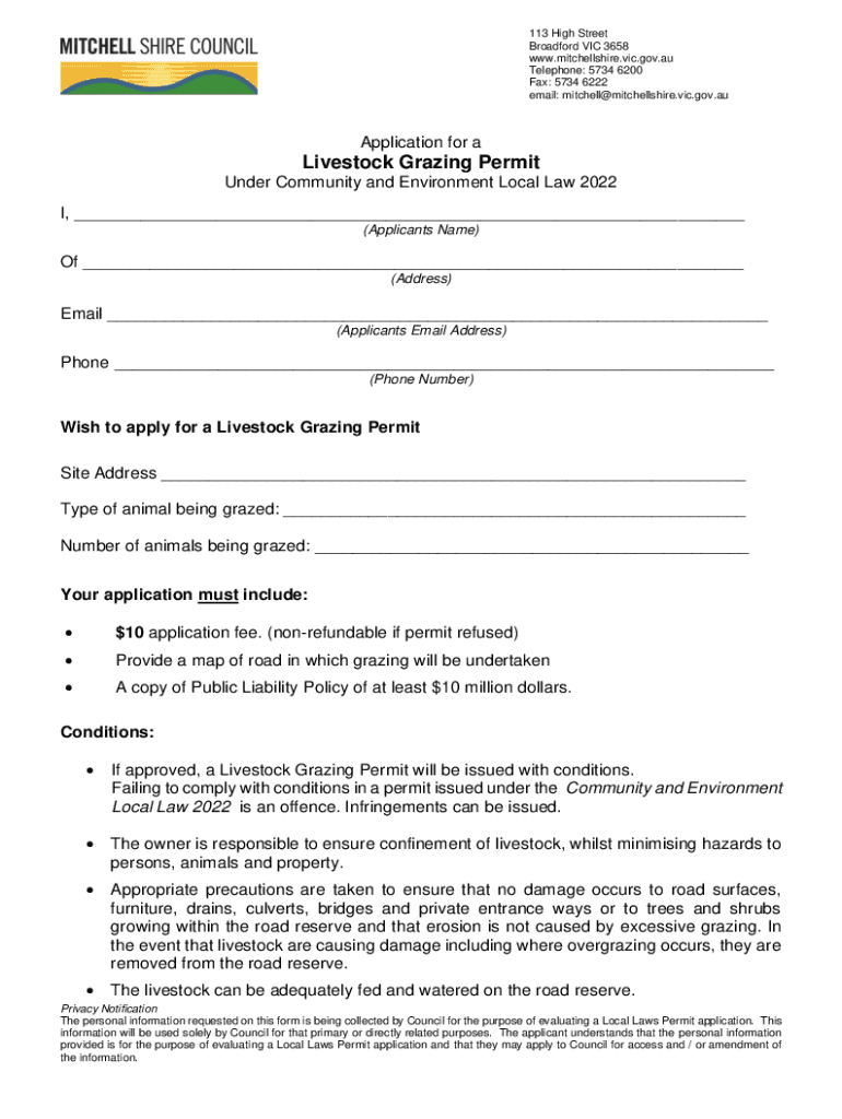 Fillable Online Livestock Grazing. Local Law Permit Application Form
