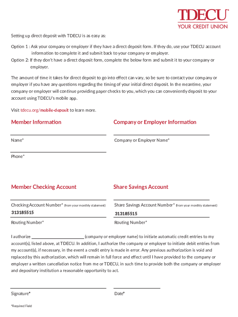 tdecu direct deposit form Preview on Page 1