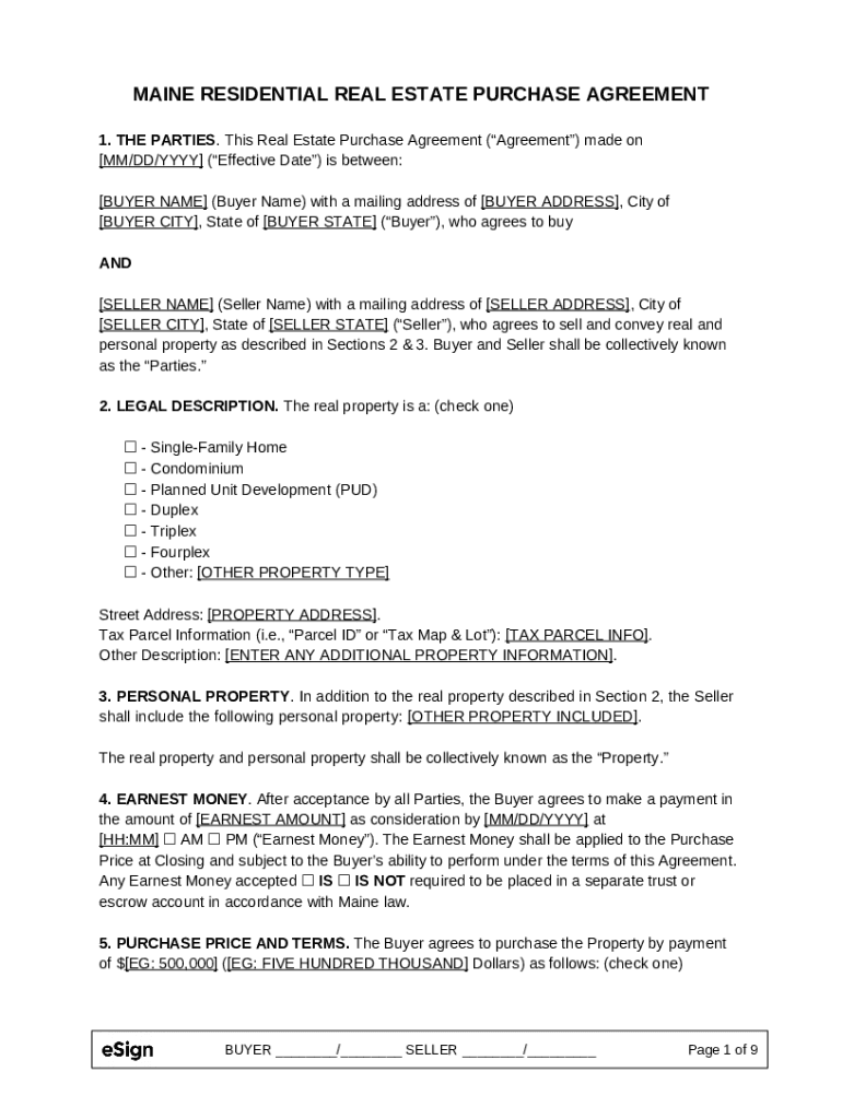 Maine Residential Real Estate Purchase Agreement Doc Template pdfFiller