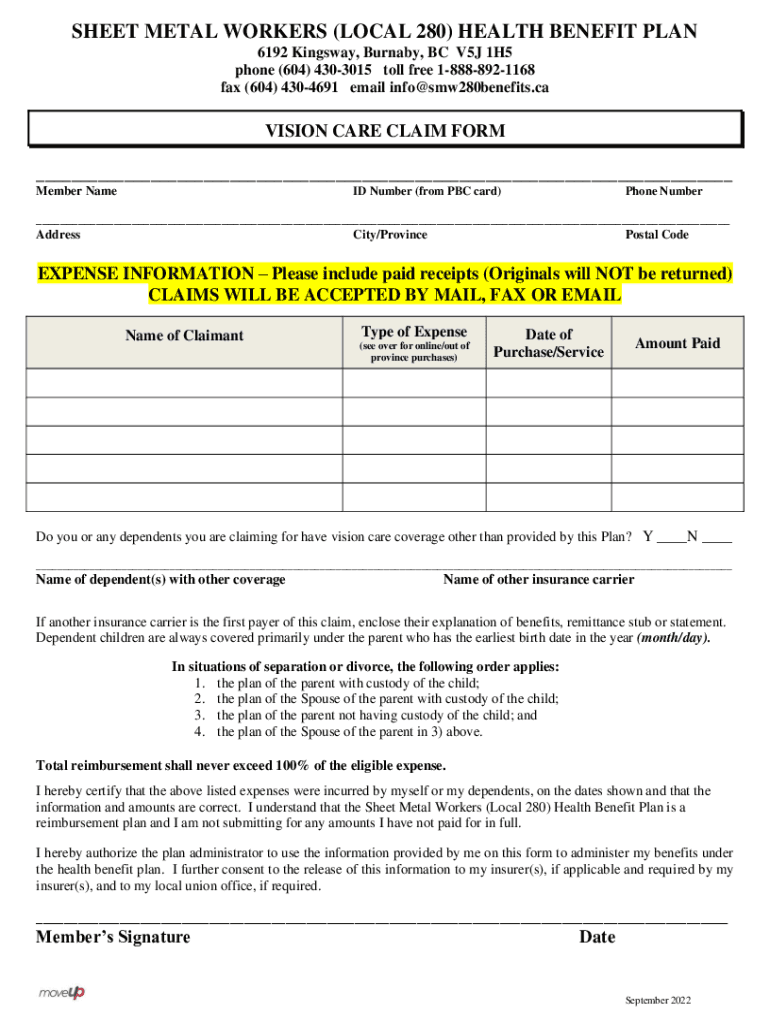 Fillable Online VISION CARE CLAIM FORM Preview on Page 1