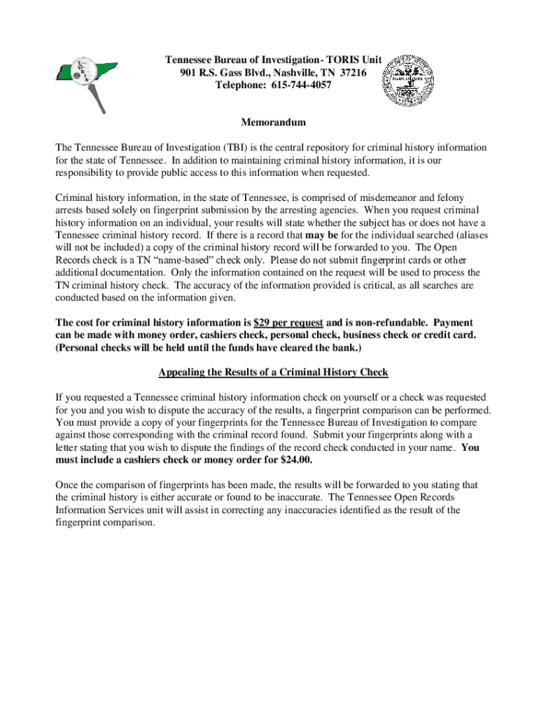 Tennessee Bureau of InvestigationTORIS 901 R S Gass Preview on Page 1