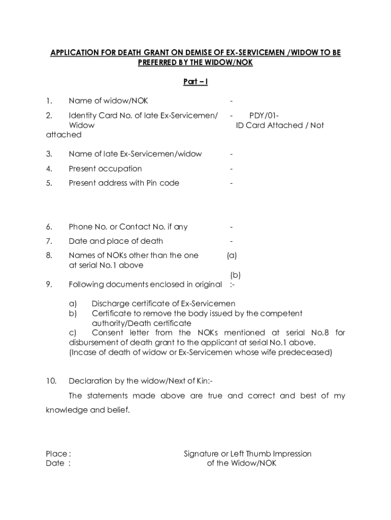 Fillable Online application for death grant on demise of exservicemen