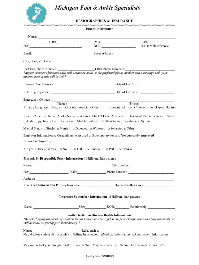 Fillable Online The Michigan Foot and Ankle Center Foot Doctor