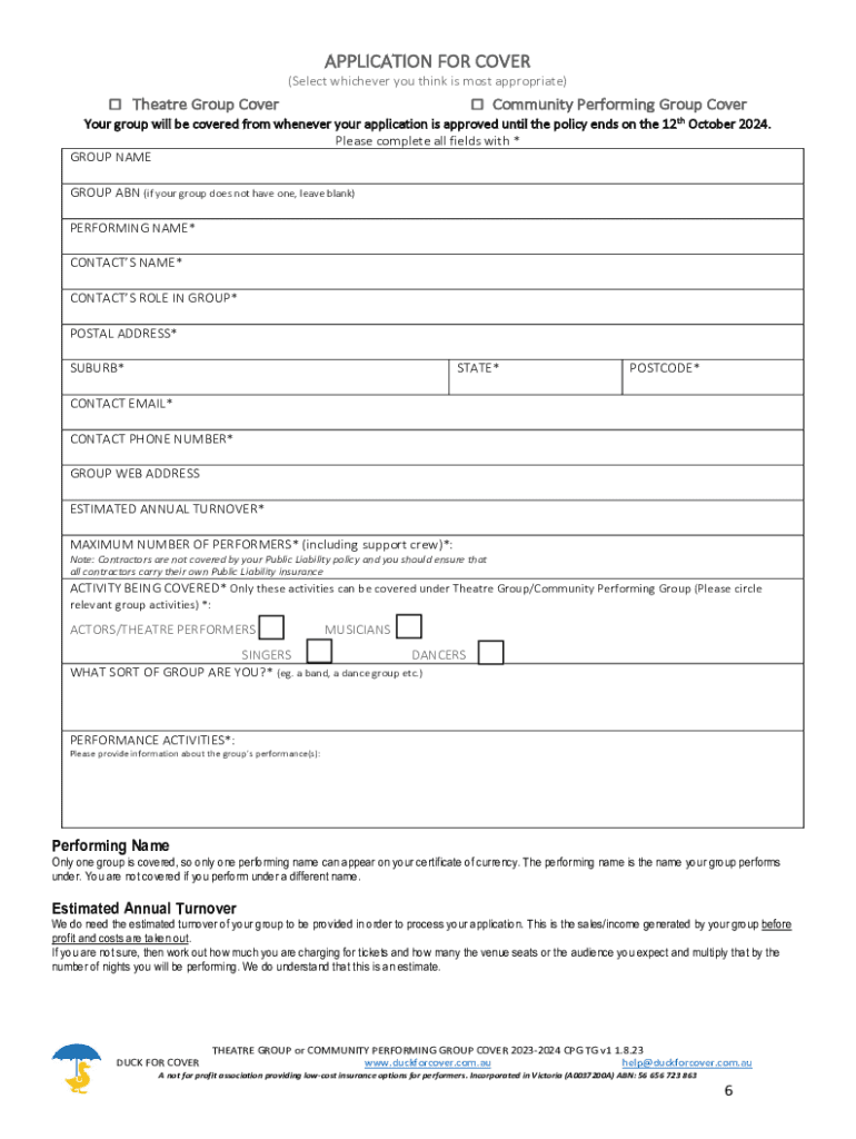 Fillable Online Duck for Cover Entertainers Group Business