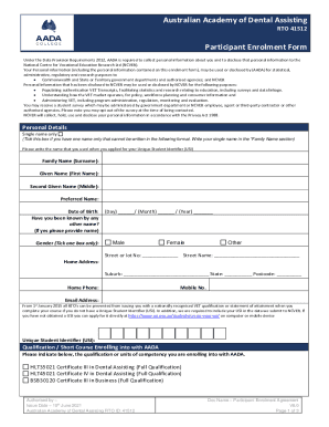 AADA College (RTO 41512) - Participant Enrolment Form