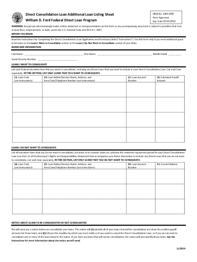 Direct Consolidation Loan Additional Loan Listing Sheet Preview on Page 1