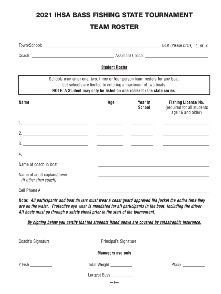 Fillable Online 2021 ihsa bass fishing state tournament team roster Fax ...