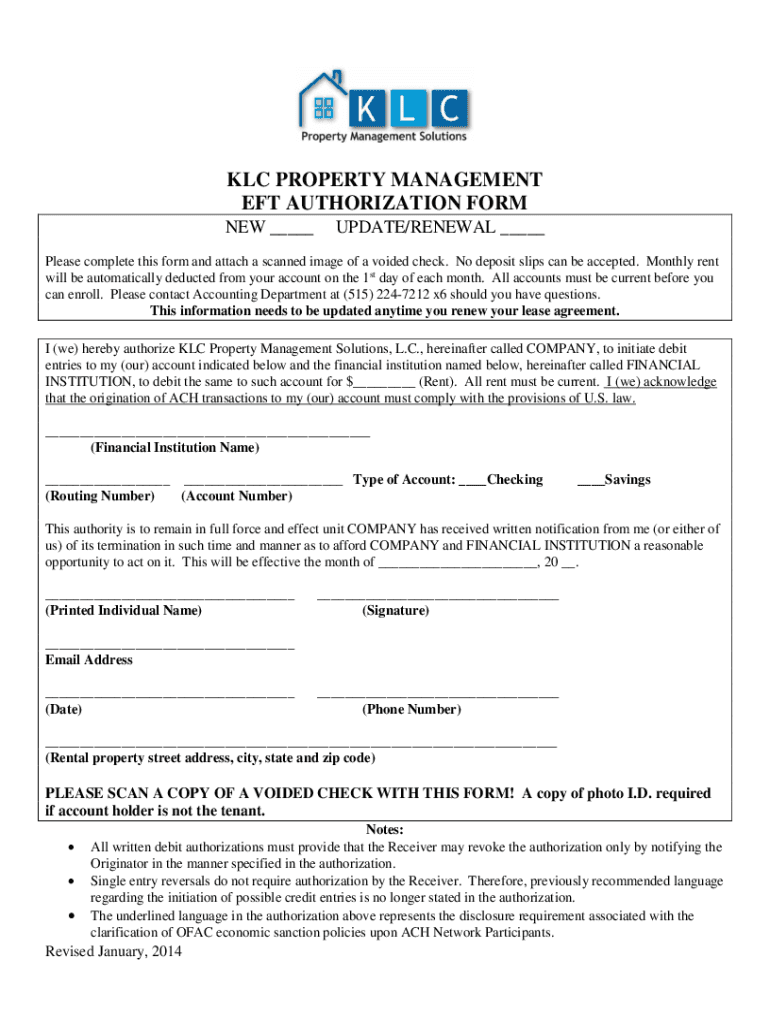 Fillable Online klc property management eft authorization form