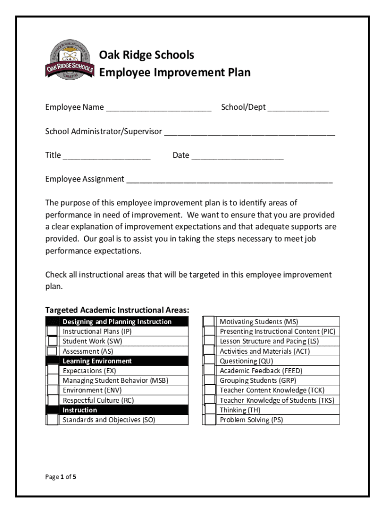 Fillable Online Oak Ridge Schools Employee Improvement Plan Progress