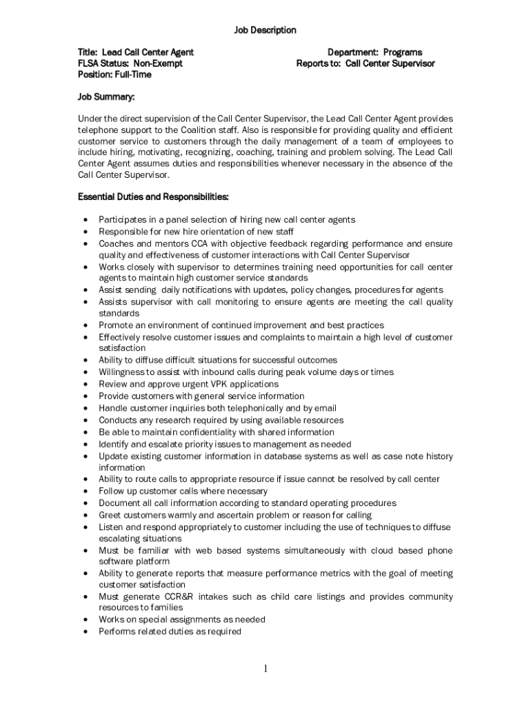 Fillable Online Job Description Title Lead Call Center Agent