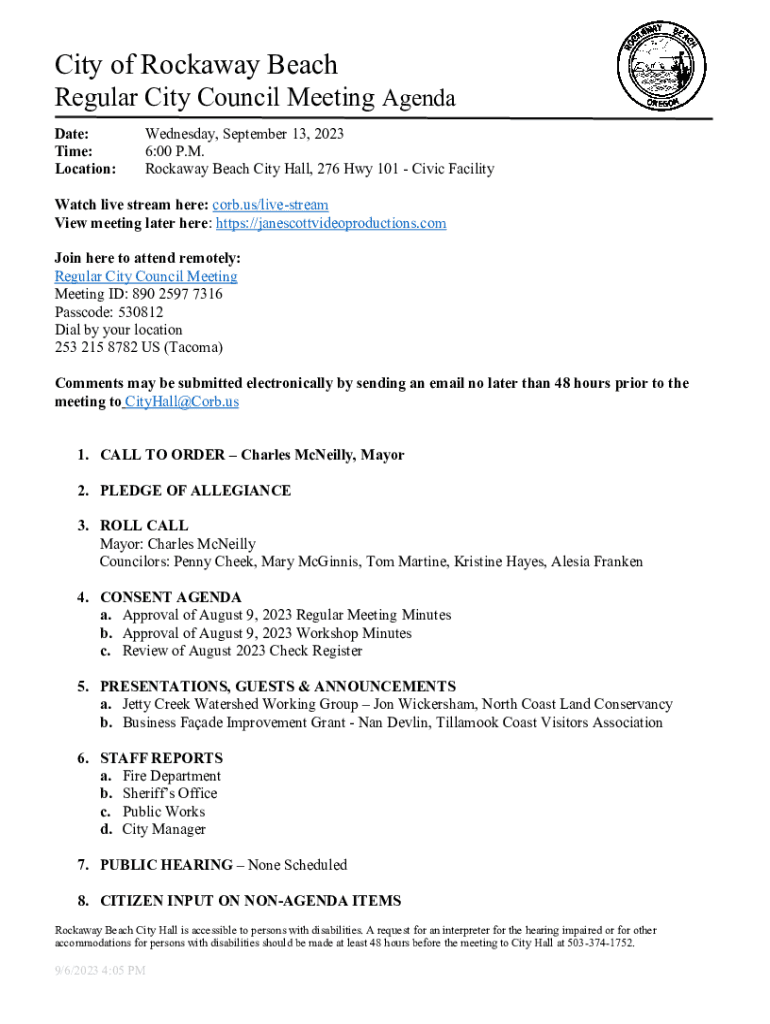 Fillable Online City Council City of Rockaway Beach, Oregon Fax Email